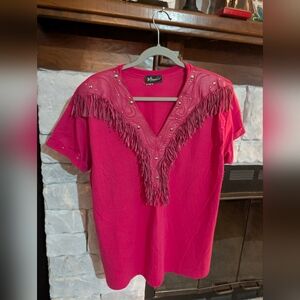 Women's Vtg Vibrant Pink Fringed Blouse with Stud Accents